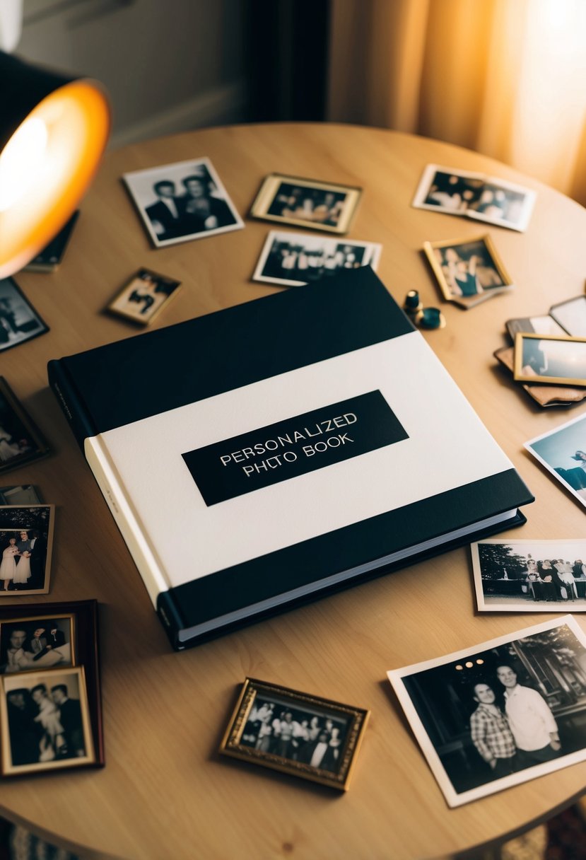 A table with a personalized photo book surrounded by scattered old photographs and memorabilia, with soft lighting casting a warm and nostalgic glow