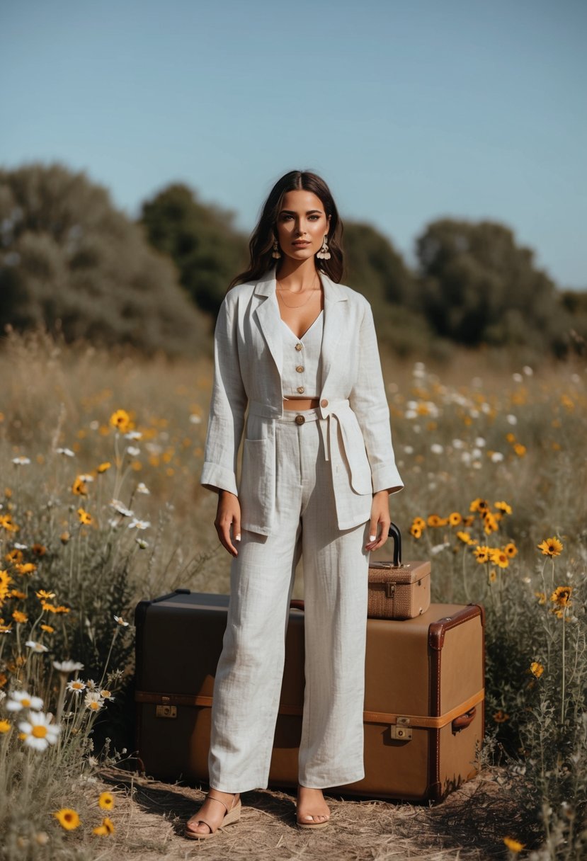 A woman in a bohemian style linen suit, standing in a rustic outdoor setting with wildflowers and a vintage suitcase