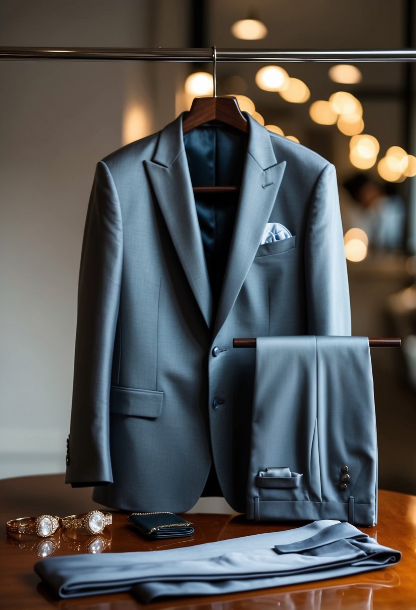 A sophisticated grey suit with a silk blouse, neatly arranged on a hanger, with matching accessories laid out on a polished wooden table