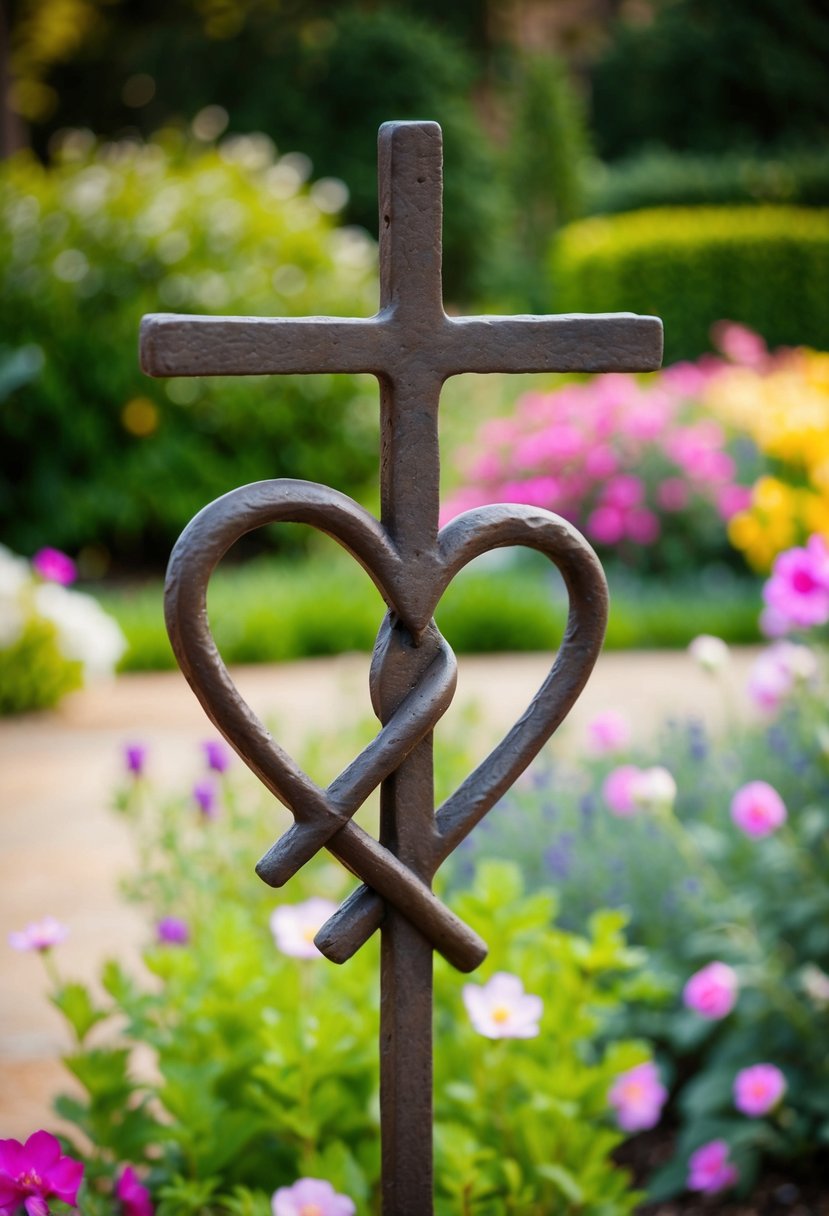 A rustic iron sculpture of two intertwined hearts with a cross, set against a backdrop of blooming flowers and a tranquil garden