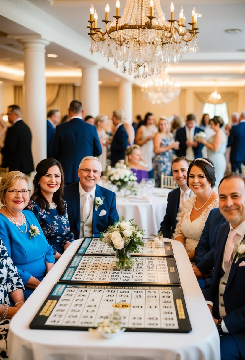 A beautifully decorated wedding venue with tables set up for bingo, surrounded by happy guests and elegant decor