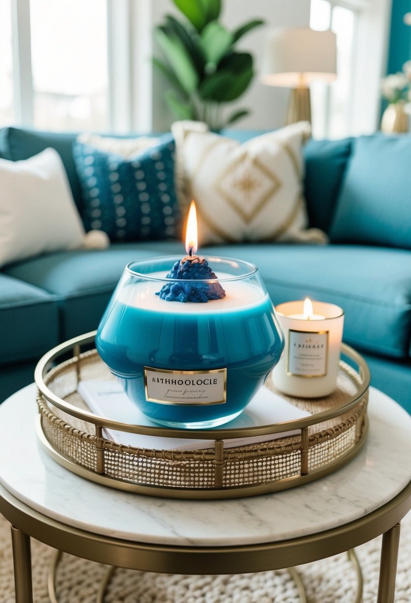 A cozy living room with a Capri Blue Volcano Candle as the centerpiece, surrounded by elegant 39th wedding anniversary gifts from Anthropologie