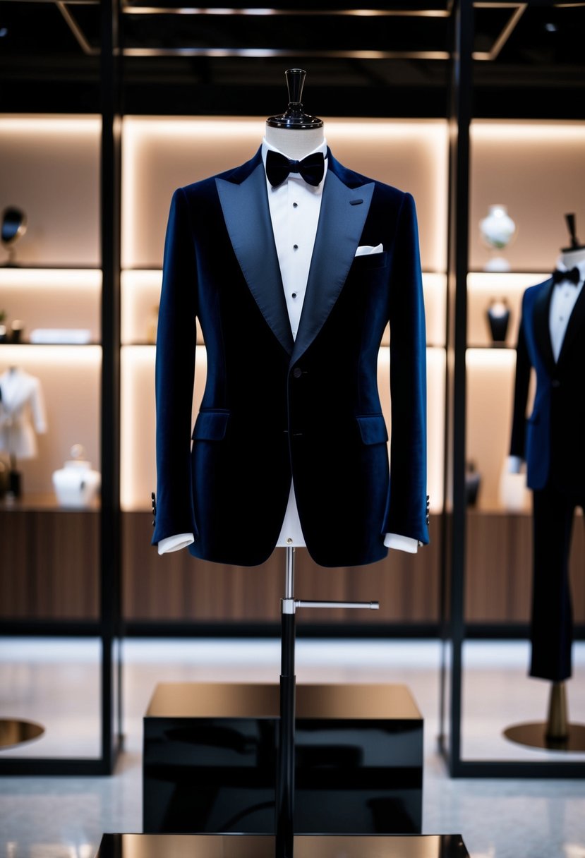 A luxurious velvet suit displayed on a sleek, modern mannequin. Rich, deep colors and tailored details exude elegance and sophistication