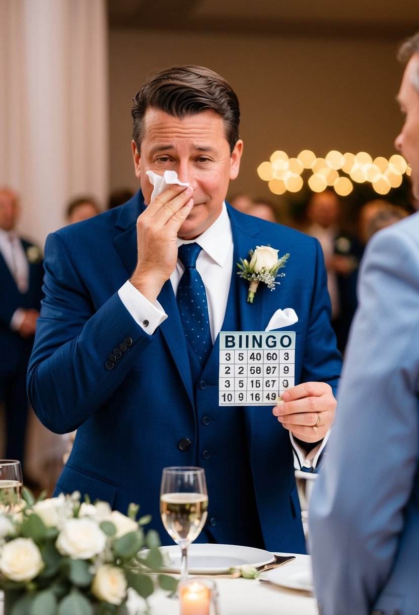 A man in a suit wipes tears while holding a bingo card at a wedding reception