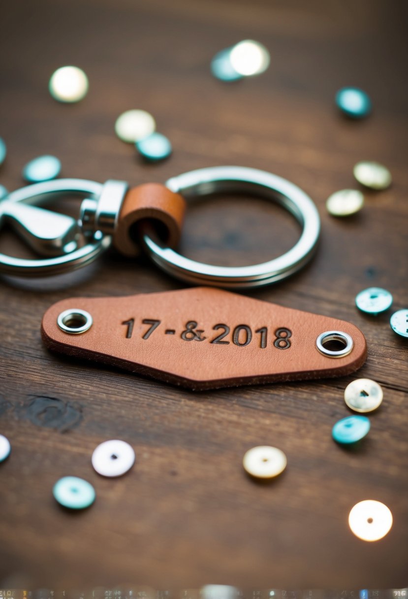 A leather keychain with the wedding date stamped on it, surrounded by small decorative elements