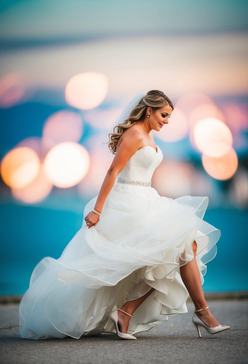 A bride stumbles, her flowing dress catching on her heel