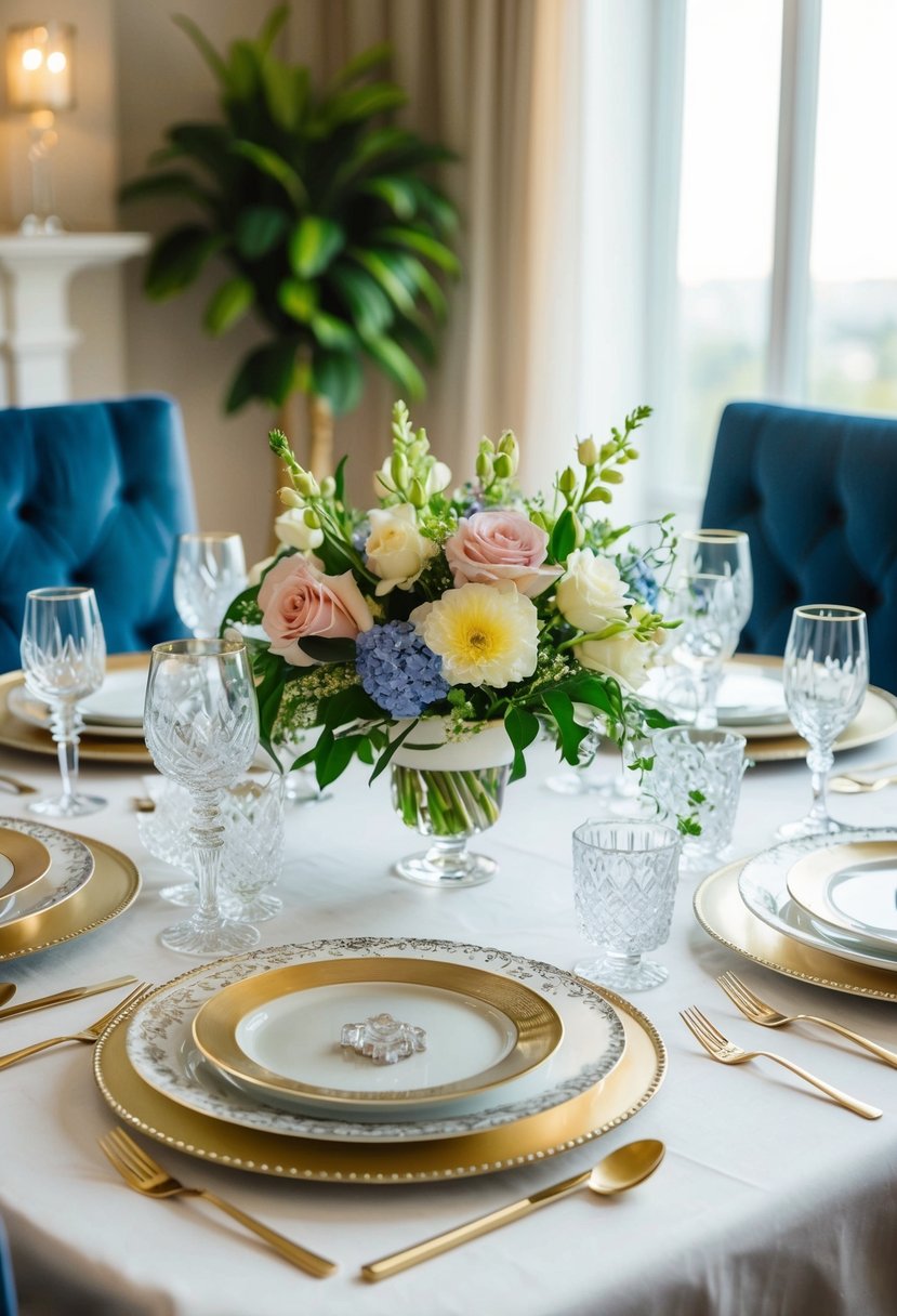 A beautifully set dining table with crystal coasters, elegant tableware, and a vase of fresh flowers as a 39th wedding anniversary gift idea