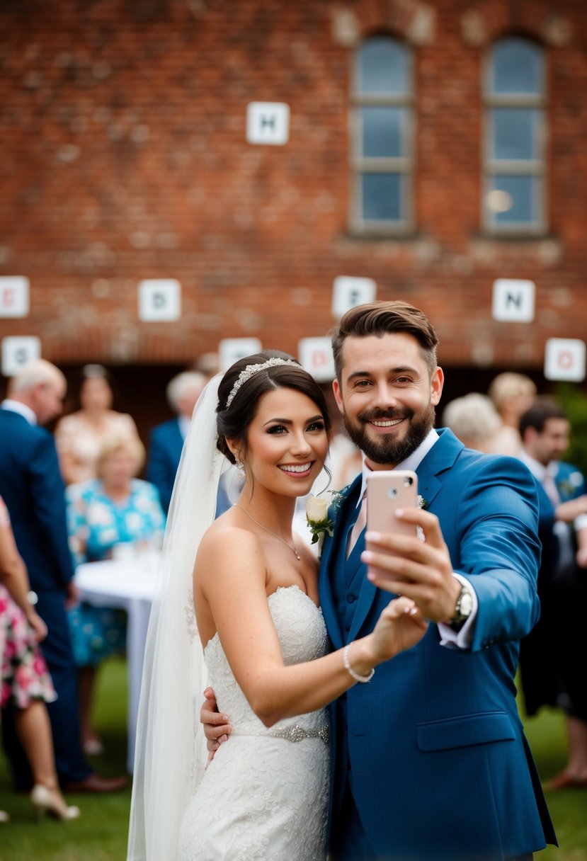 A bride and groom taking a selfie with guests playing wedding bingo in the background