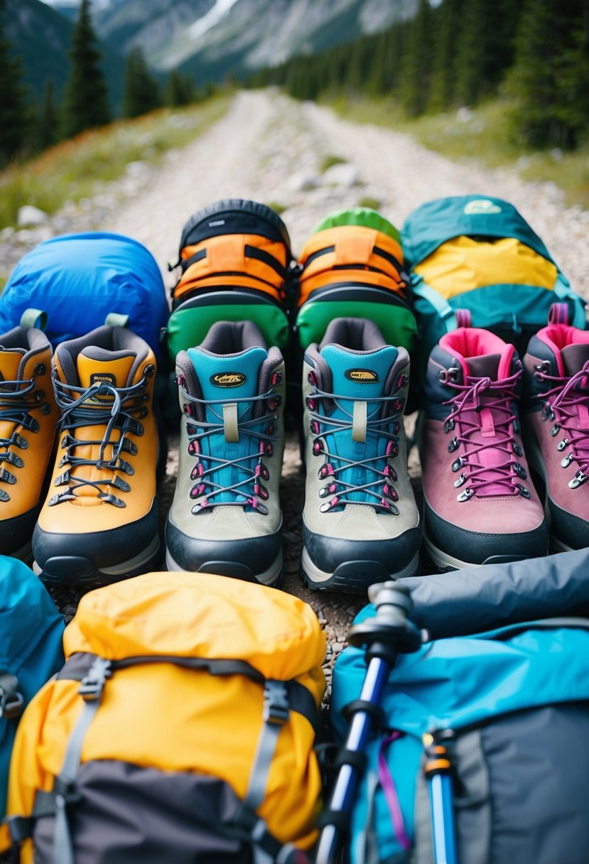 A colorful array of hiking boots, backpacks, trekking poles, and camping gear arranged on a mountain trail