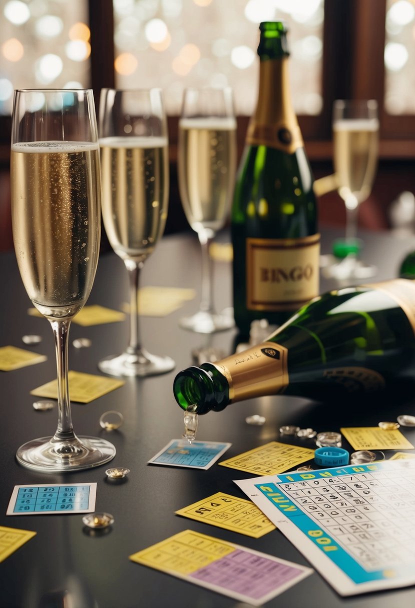 A table scattered with empty champagne flutes, a spilled bottle, and bingo cards strewn about