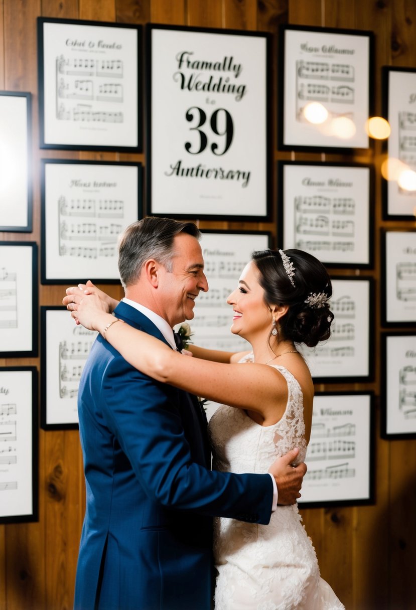 A couple dancing together, surrounded by framed sheet music with personalized details, celebrating their 39th wedding anniversary