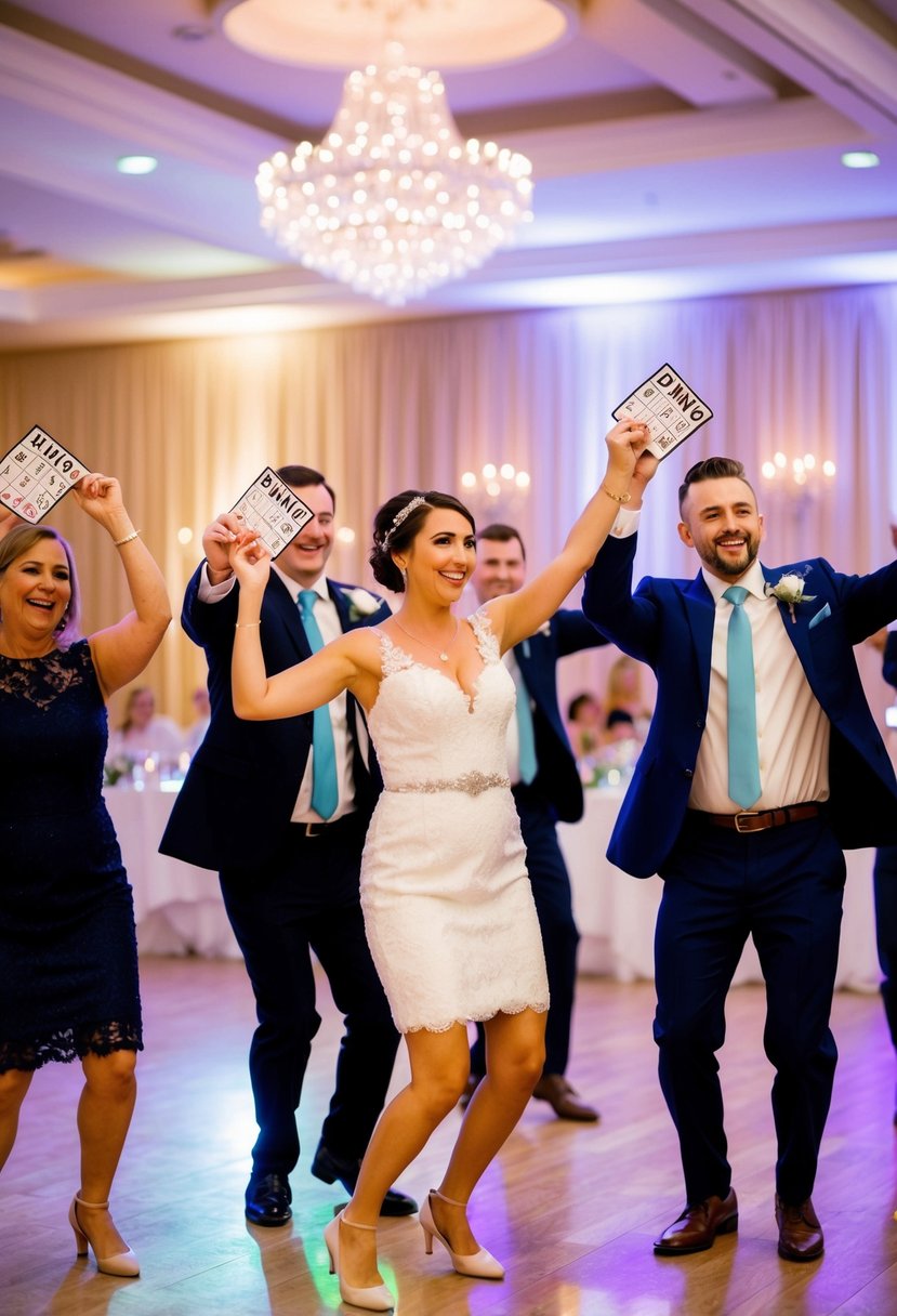 Guests performing cheesy dance moves at a wedding reception, with bingo cards in hand