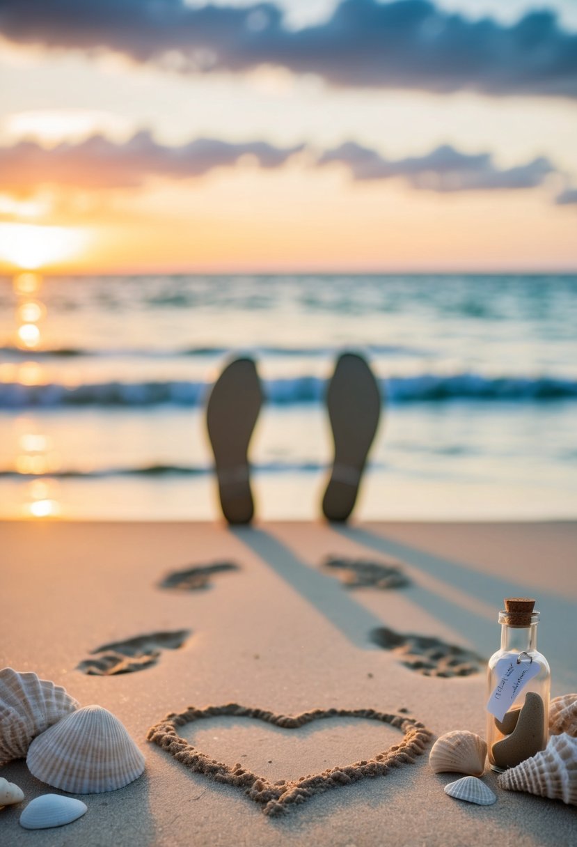 A serene beach at sunset, with two pairs of footprints leading towards the water. A small heart drawn in the sand, surrounded by seashells and a message in a bottle