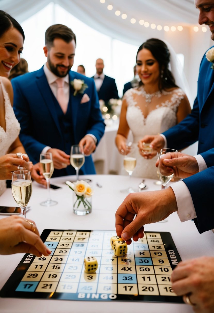 A wedding reception with guests playing ice breaker bingo