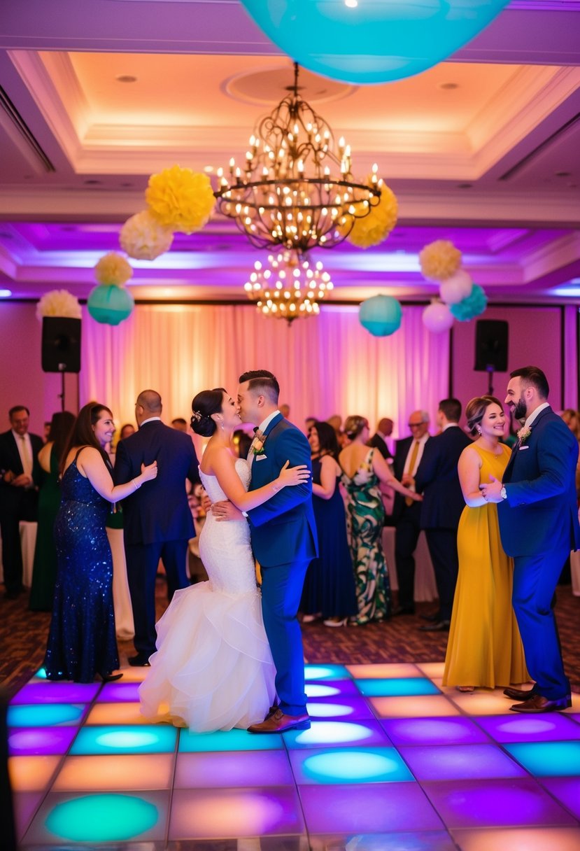 A vibrant wedding reception with colorful decorations, a dance floor, and guests mingling and celebrating