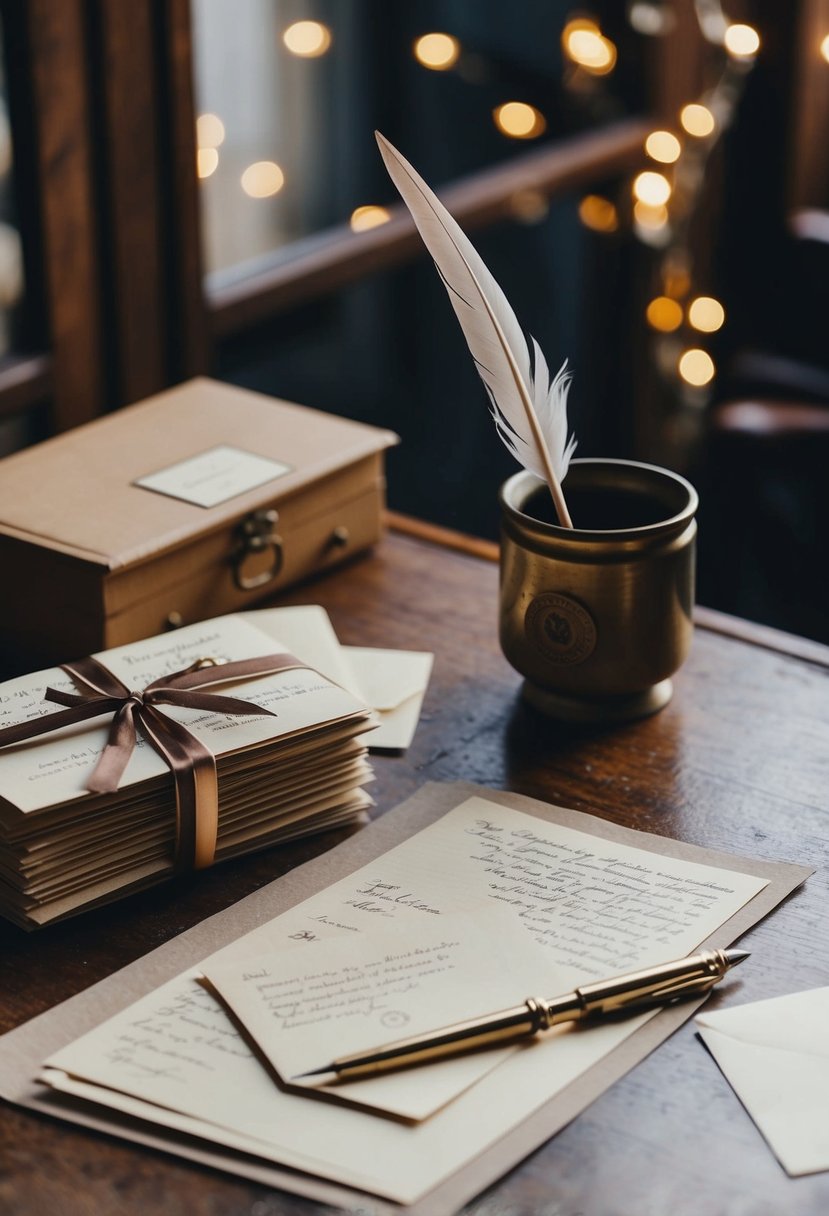 A vintage desk adorned with personalized stationery, a quill pen, and a stack of love letters tied with a ribbon