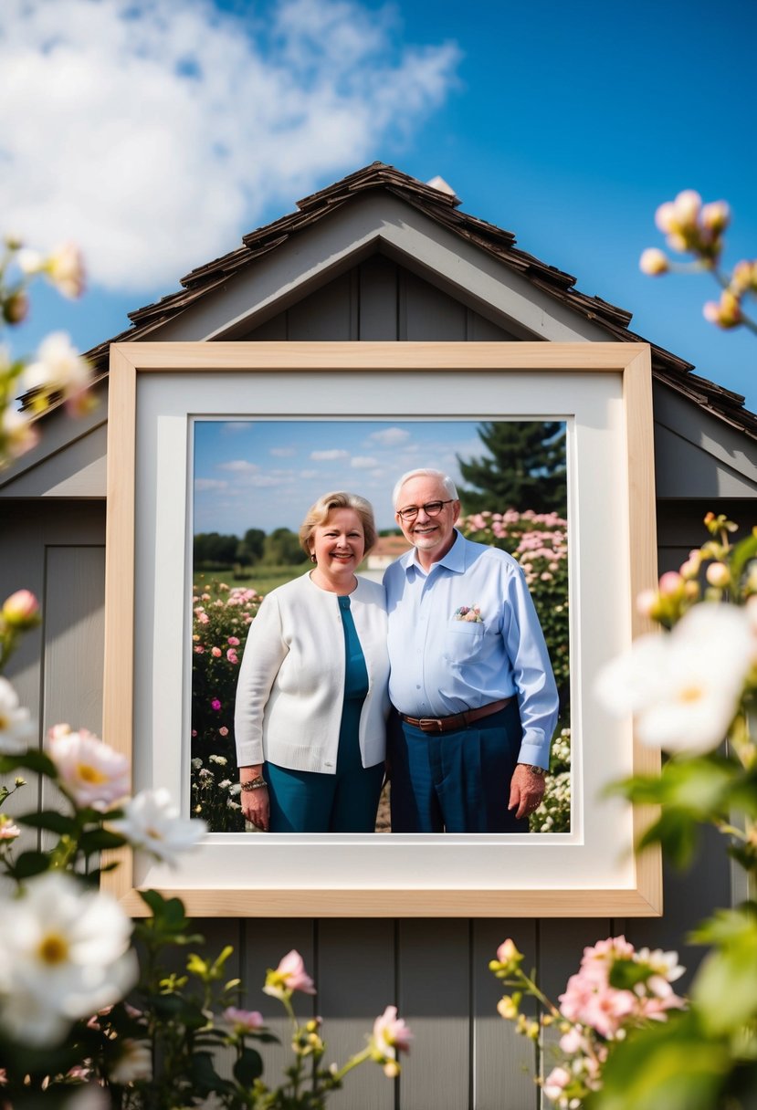 A cozy custom house portrait, framed and hung on a wall, surrounded by blooming flowers and a clear blue sky, capturing the cherished memories of 39 years of marriage