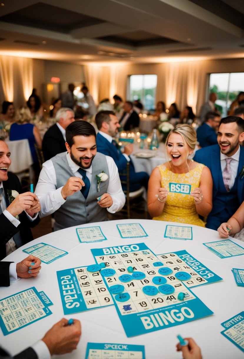 Guests playing speech bingo at a wedding reception. Tables adorned with bingo cards and markers. Laughter and excitement fill the room