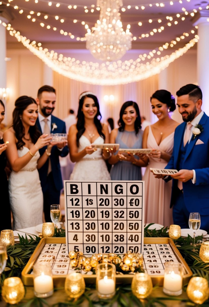 A festive wedding reception with guests playing bingo, surrounded by elegant decor and twinkling lights