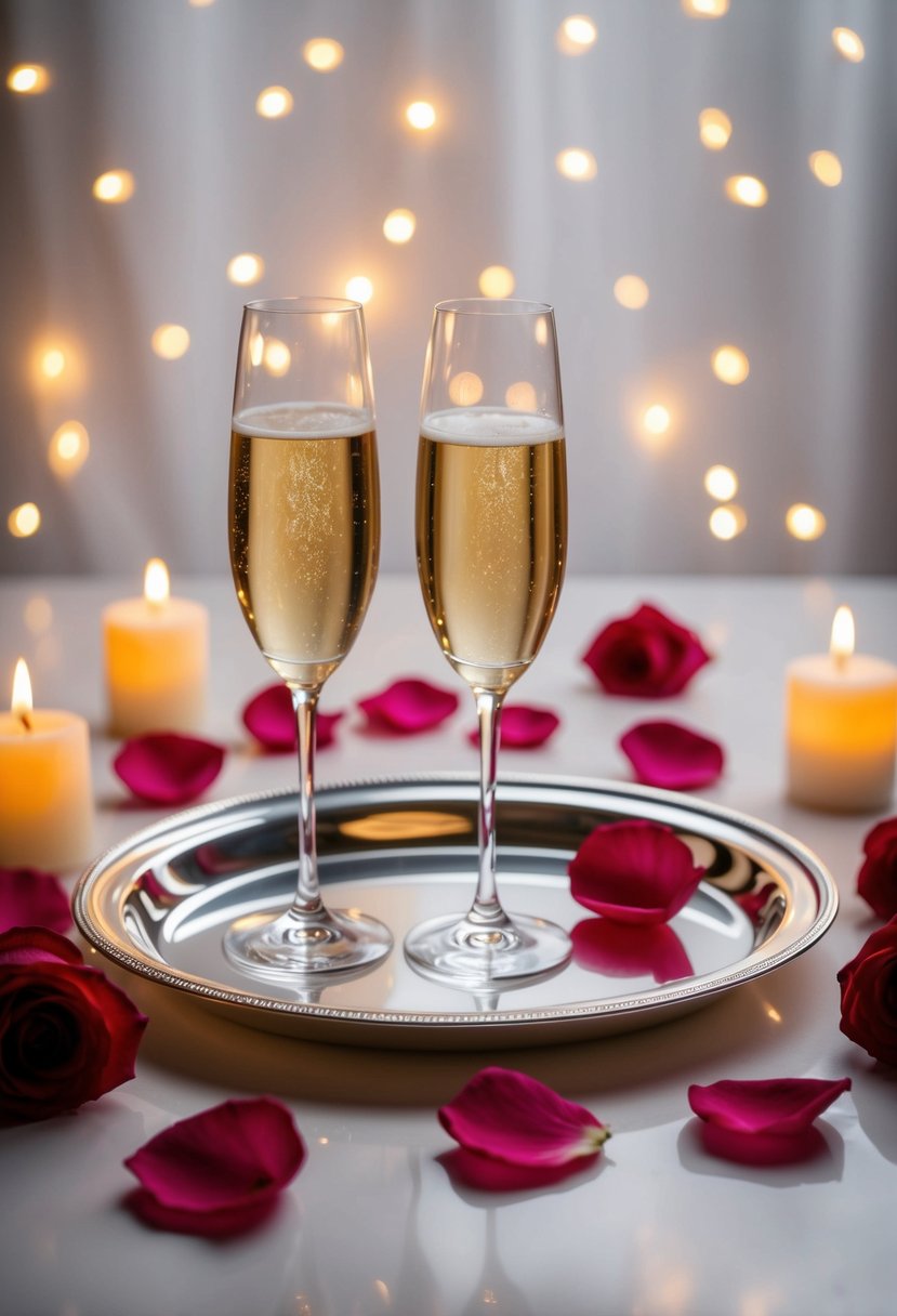 Two elegant champagne glasses set on a silver tray, surrounded by rose petals and flickering candlelight