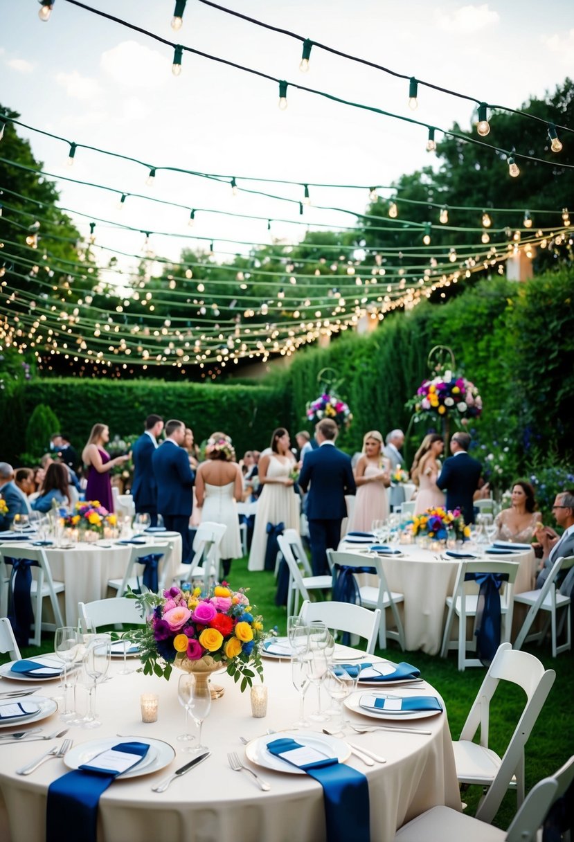 A garden adorned with colorful flowers and ribbons, tables set with elegant centerpieces, and guests mingling under a canopy of twinkling lights