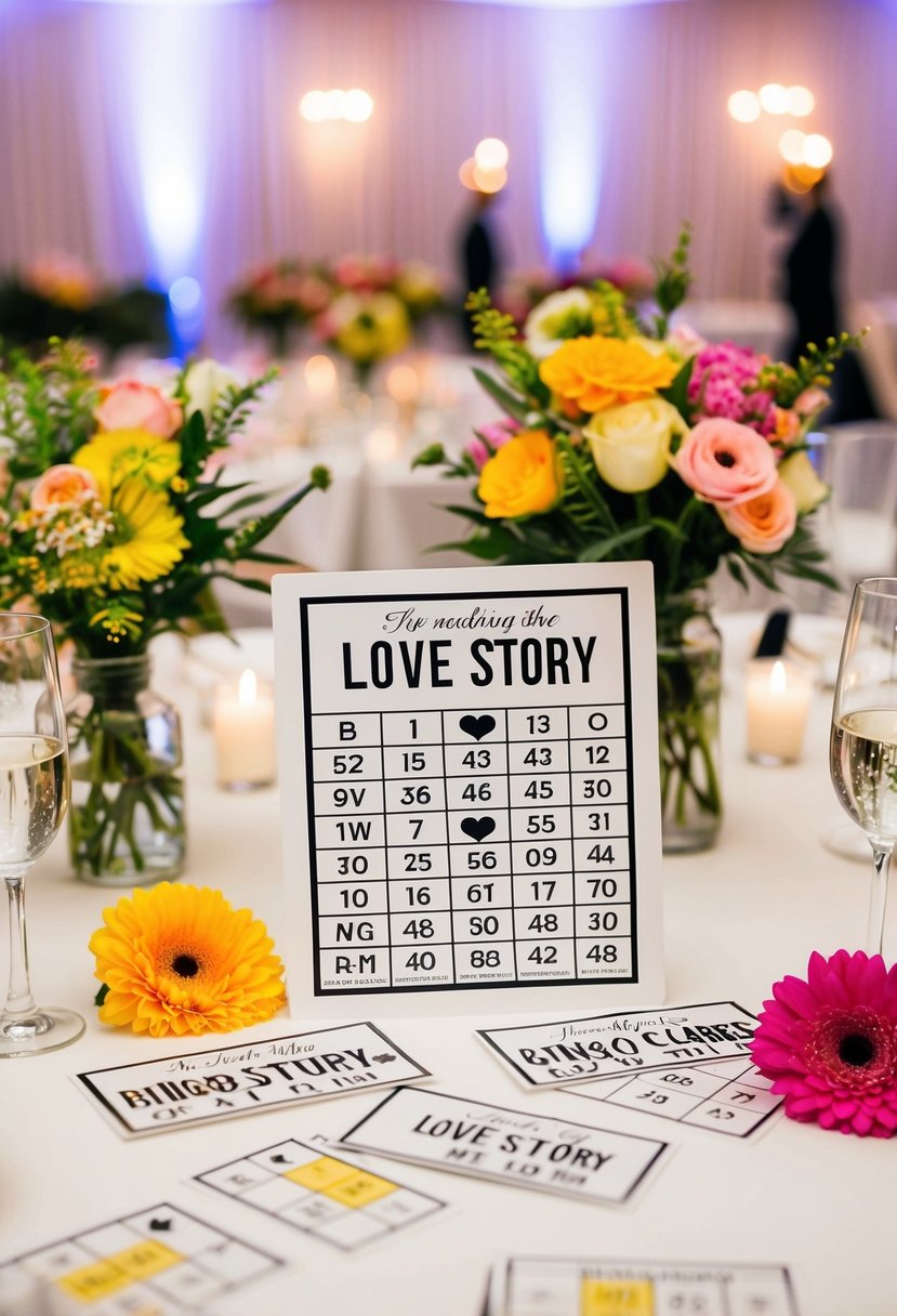 A wedding venue with love story bingo cards placed on tables, surrounded by colorful decorations and flowers