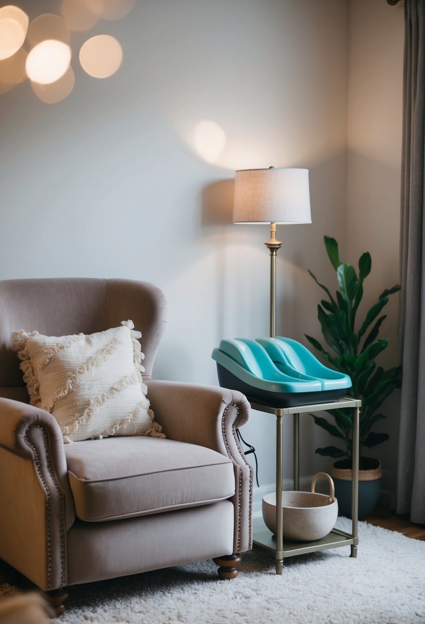 A cozy living room with a plush armchair, soft lighting, and a foot bath/massager set up on a side table