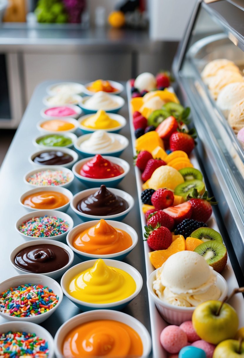 A colorful array of toppings and sauces arranged on a table next to an ice cream station, with fresh fruits, candies, and sprinkles