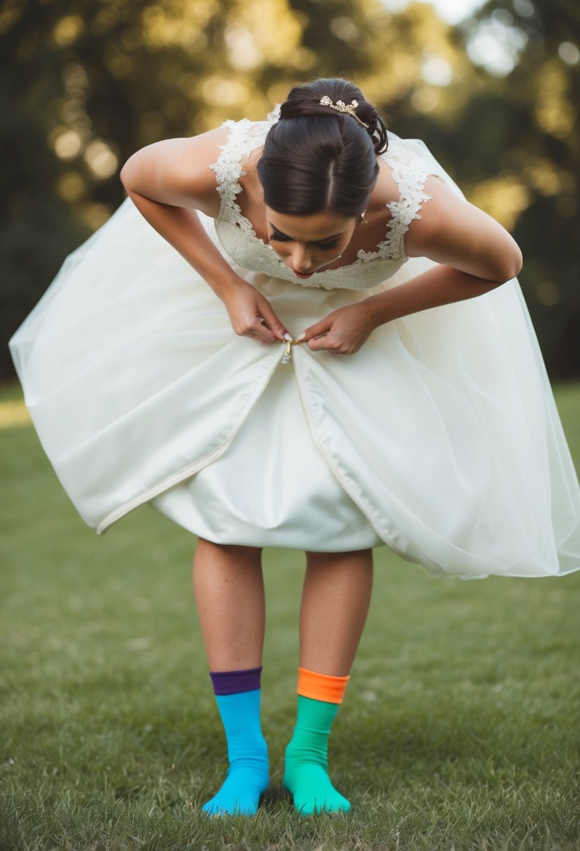 A bride's dress zipper breaks as she bends over, revealing colorful mismatched socks