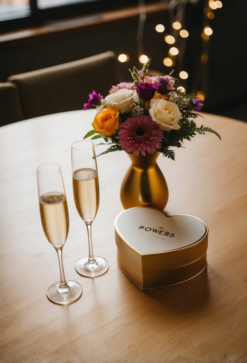 A table with a heart-shaped gift box, a bouquet of flowers, and a pair of champagne glasses