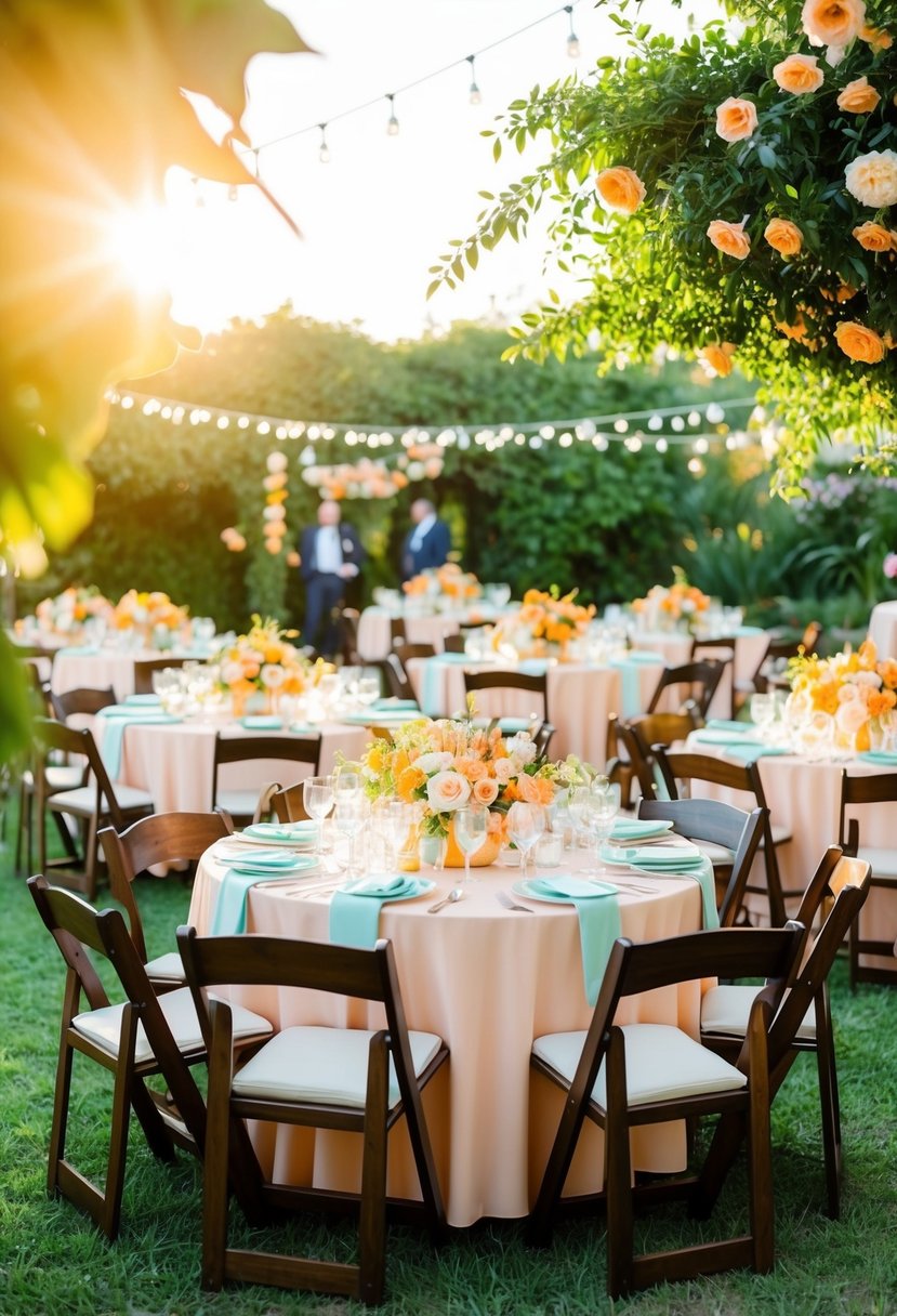 A lush garden adorned with peach and orange flowers, tables set with pastel linens and vibrant centerpieces, a warm summer sun casting a golden glow over the joyful celebration