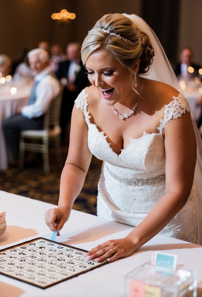 A bride frantically marks off bingo squares at her wedding reception