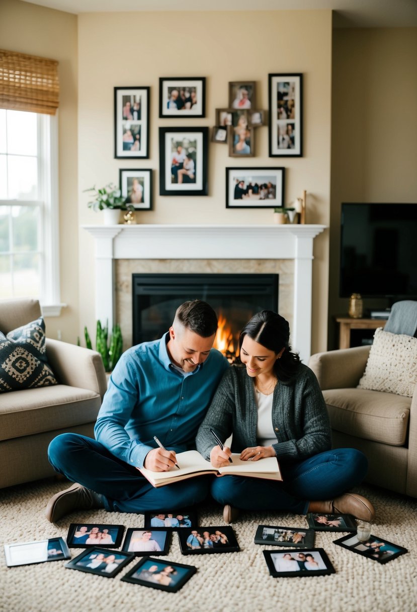 A cozy living room with a fireplace, where a couple sits together writing in a unique paper journal, surrounded by photos from their 39 years together