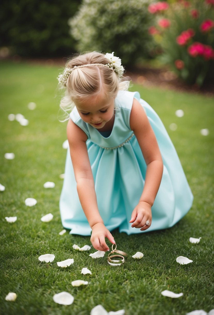 A flower girl or ring bearer searching among scattered petals and rings in a garden