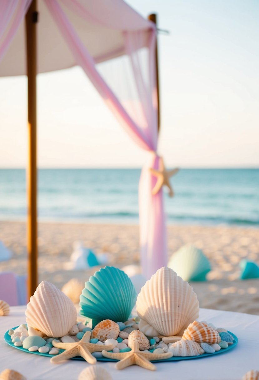 A serene beach setting with pastel decor, seashells, and starfish accents. A canopy of white fabric billows in the ocean breeze, creating a tranquil atmosphere