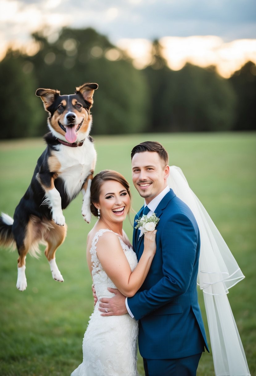 A bride and groom pose for a wedding photo as a dog jumps up and sticks its tongue out in the background