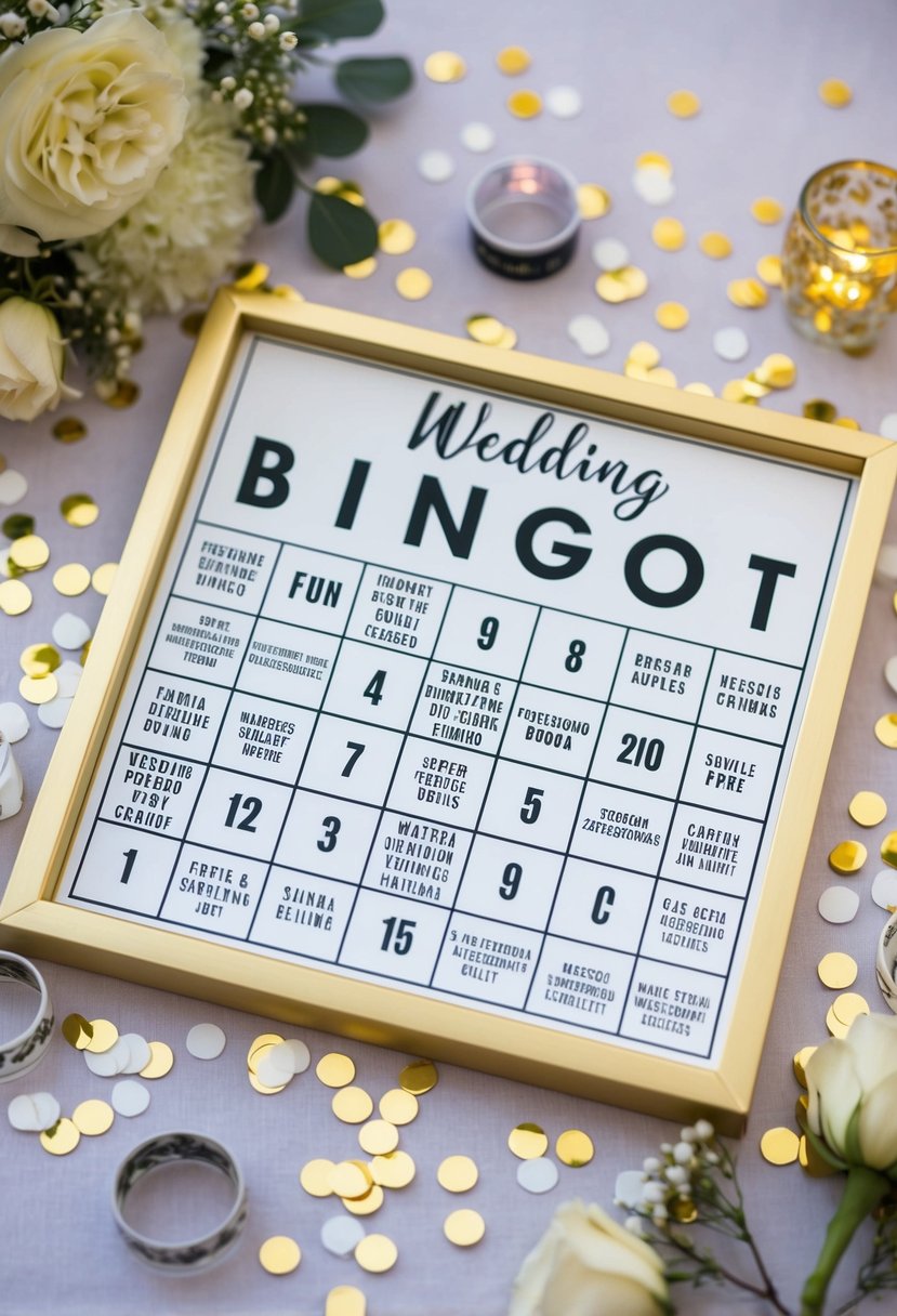 A wedding bingo board with fun facts about the bride and groom, surrounded by wedding decorations and confetti