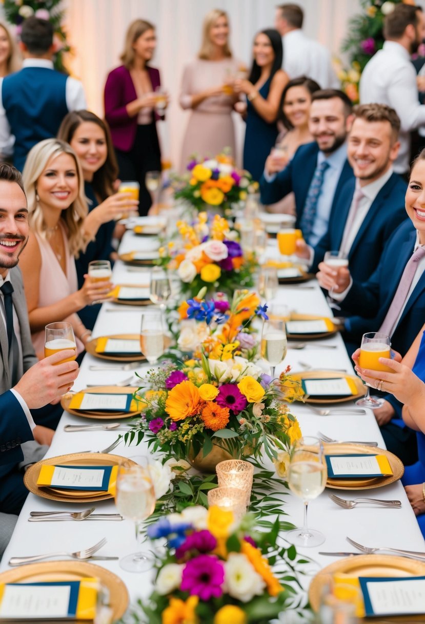 A table adorned with colorful floral centerpieces and elegant place settings, surrounded by cheerful guests mingling and enjoying refreshing drinks