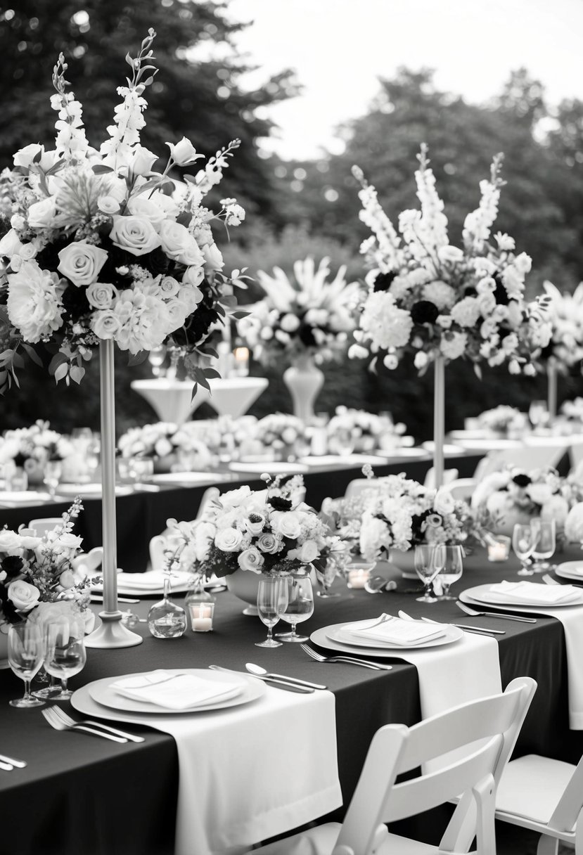 A stylish black and white outdoor garden party with elegant floral arrangements, white table linens, and sophisticated decorations