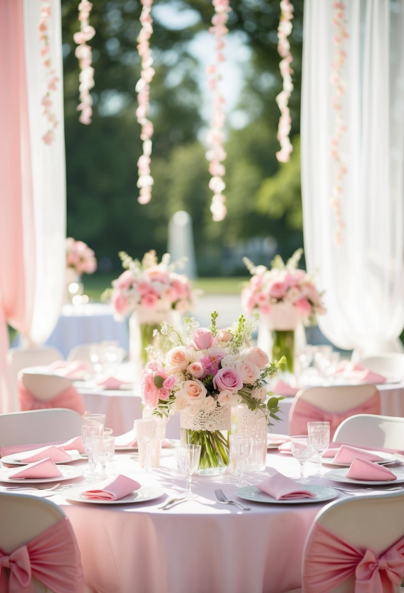 A table adorned with pink bows, floral centerpieces, and delicate lace accents. Sunlight filters through sheer curtains, casting a soft glow over the elegant bridal shower setup