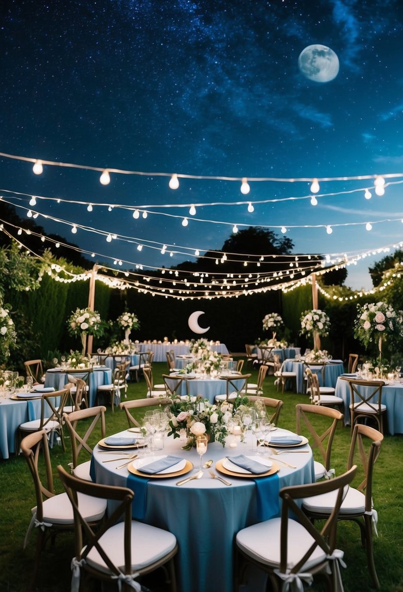 A garden party under a starry sky, with twinkling lights, floral arrangements, and elegant table settings. A celestial theme is woven throughout, with moon and star decorations and a soft color palette of blues and golds