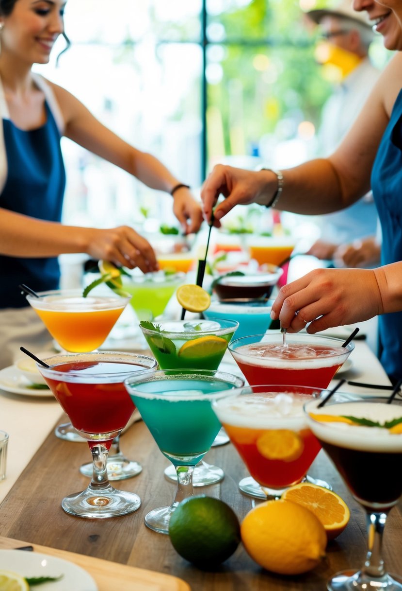 A mixology class with a colorful array of custom cocktails being prepared for a summer wedding shower