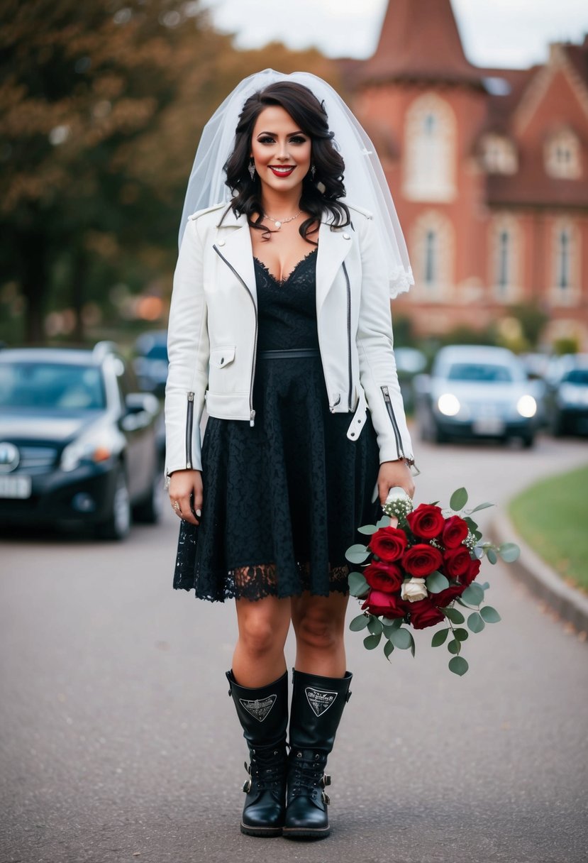 A bride in a white leather jacket and black lace dress, wearing a veil and motorcycle boots, holding a bouquet of red roses