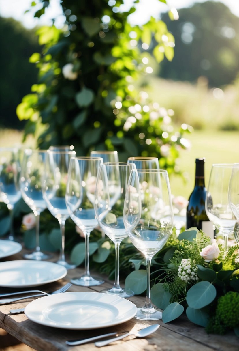 A group of wine glasses arranged on a rustic wooden table, surrounded by lush greenery and floral arrangements, with soft sunlight filtering through