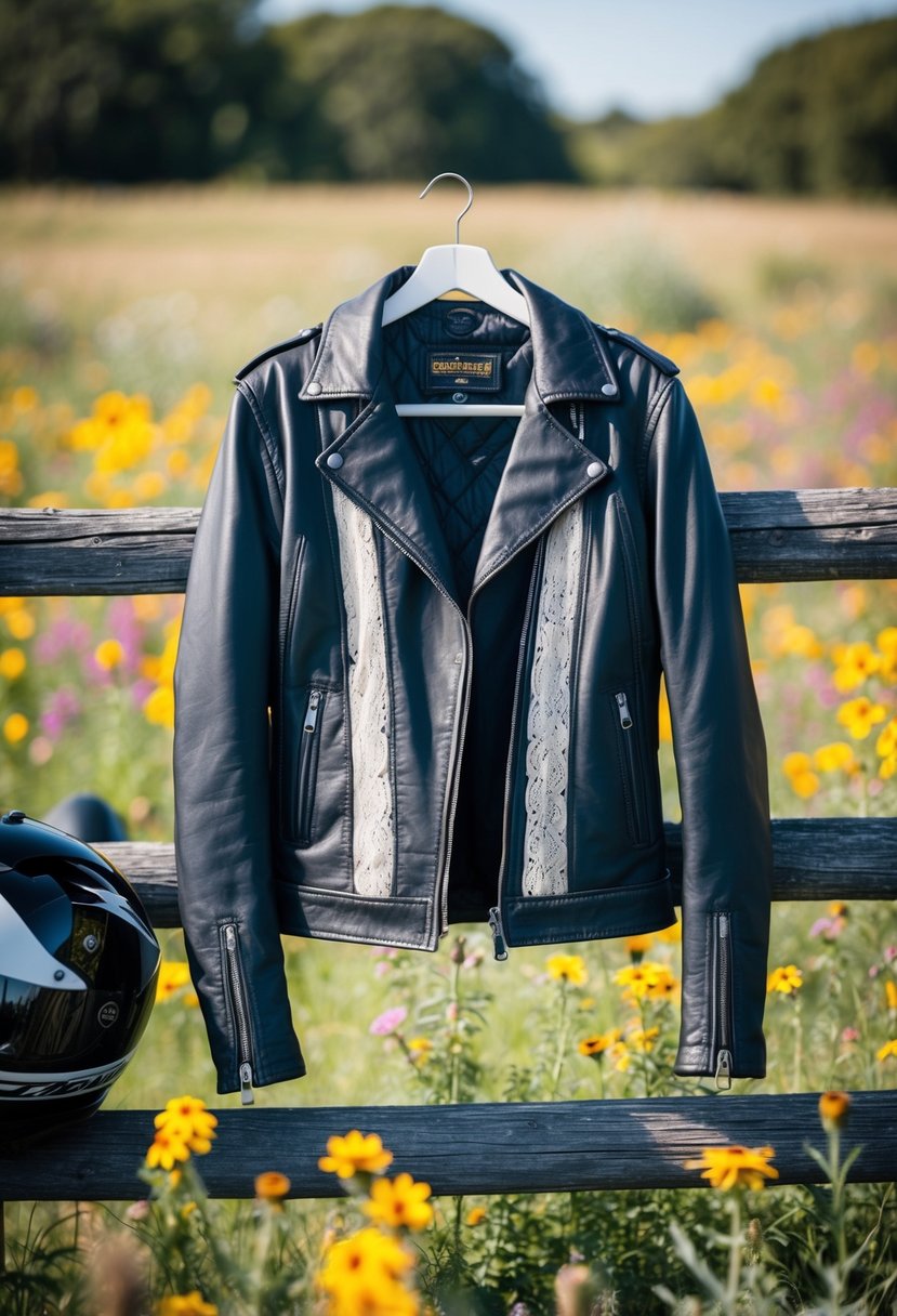 A leather jacket with lace inserts hangs on a rustic wooden fence, surrounded by wildflowers and motorcycle gear