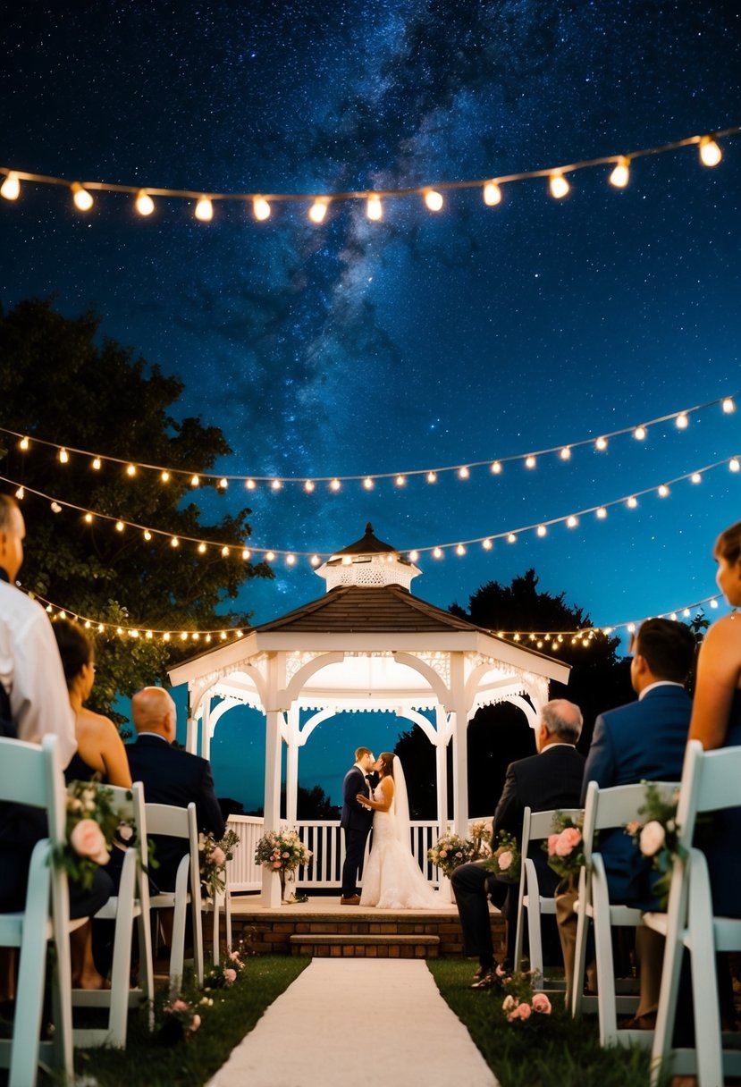 A beautiful outdoor wedding ceremony with a gazebo, blooming flowers, and string lights under a starry night sky