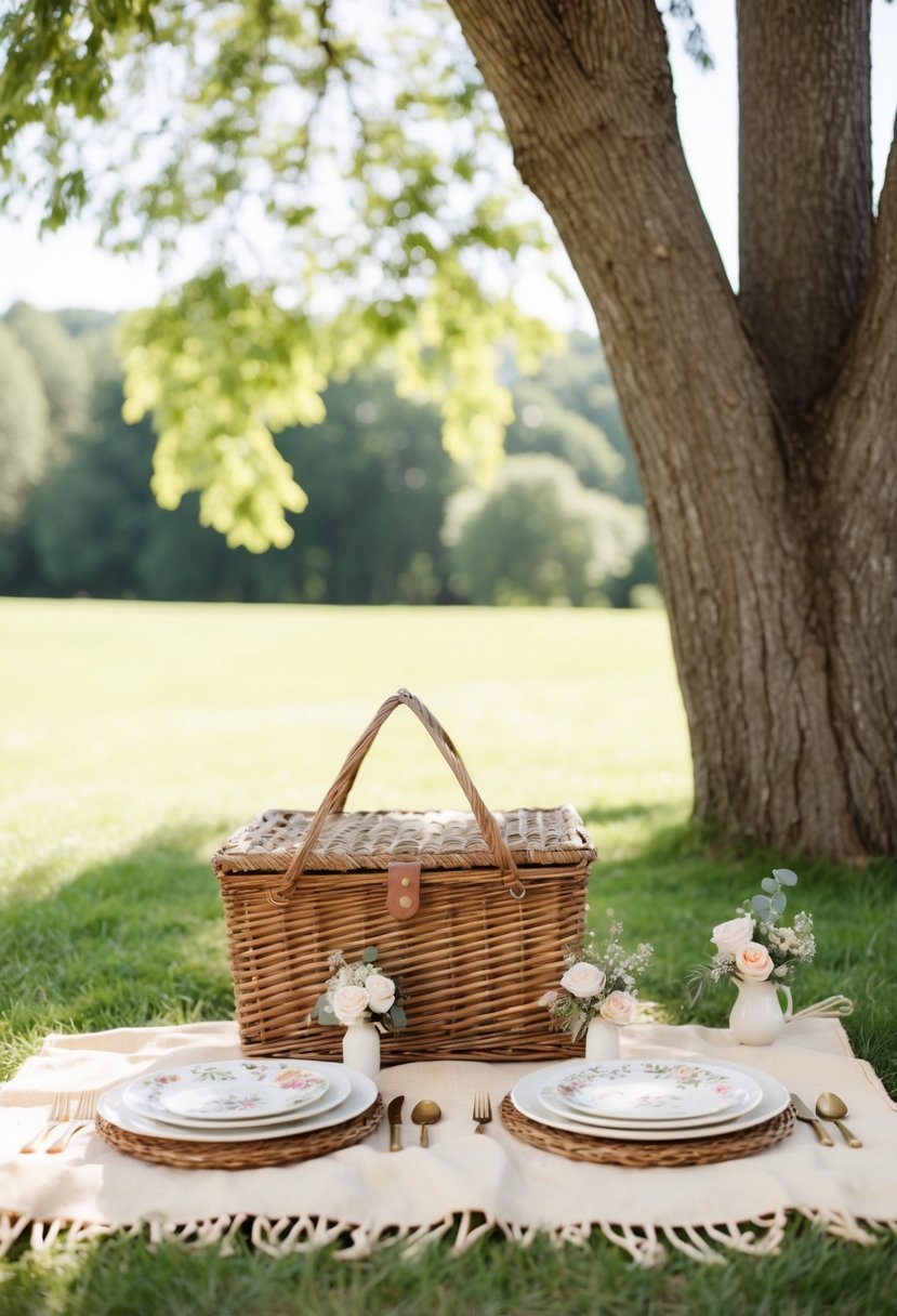 A vintage picnic blanket with a wicker basket, floral plates, and rustic cutlery set up under a tree for a summer wedding shower