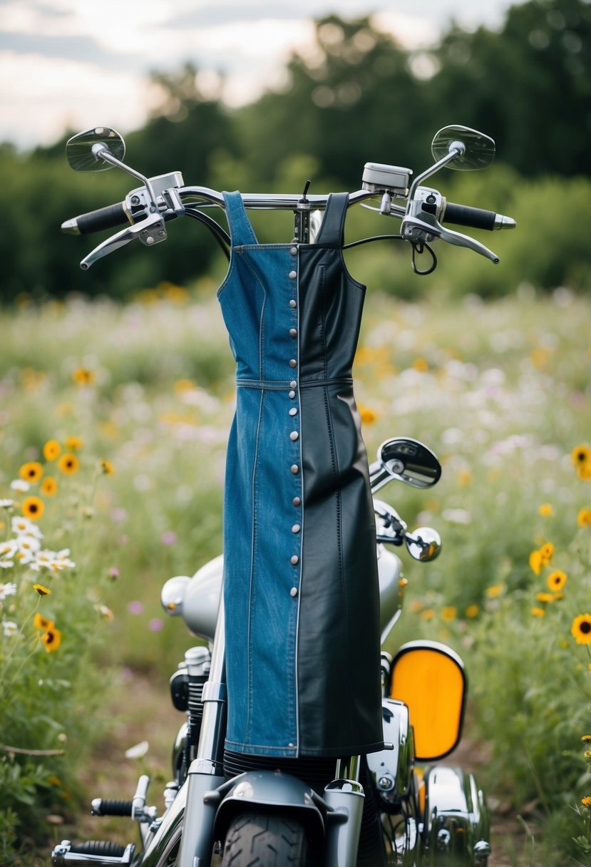 A denim and leather combo dress hanging from a motorcycle handlebar, surrounded by wildflowers and biker accessories