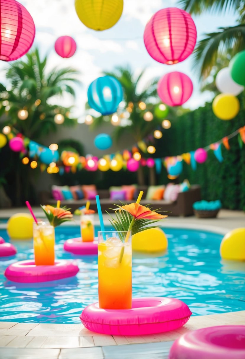 A colorful poolside party with floating decorations, tropical drinks, and a lively atmosphere