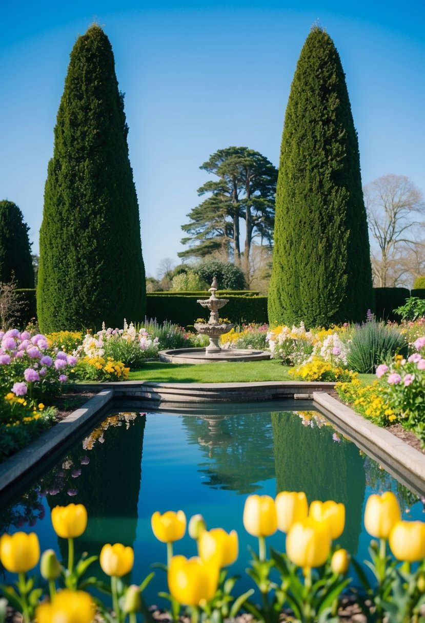 A serene garden with blooming flowers and a peaceful pond, surrounded by tall trees and a clear blue sky